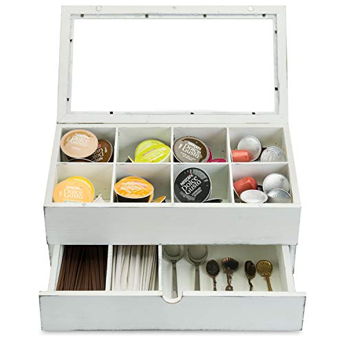 Mygift Vintage White Wood Tea Bag Storage Box With 8 Compartments, Clear Lid And Pull Out Drawer, Coffee And Tea Condiment Storage Chest #TOP4