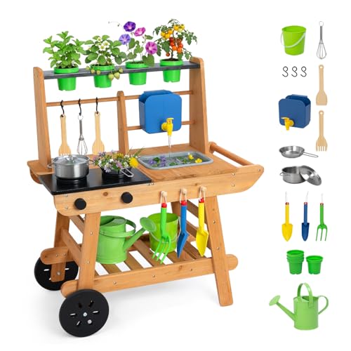 Great Sheep Mud Kitchen for Kids Outdoor with Wheels, Wooden Outdoor Play Kitchen with Removable Sink, Flipable Stove, Ideal Toy for Toddlers Ages 3+