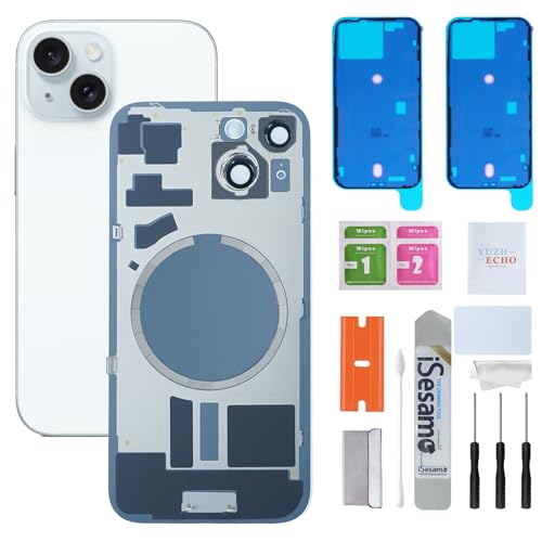 Back Glass Replacement for iPhone 15(6.1 inches Blue) Integrated Glass & Magnet & Metal Phase Ring Repair Tools are Included