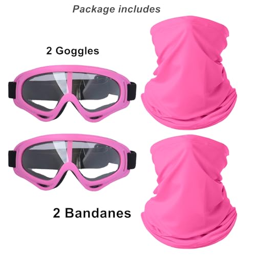 Image of LJDJ Motorcycle Goggles,2 Pack Dirt Bike ATV Motocross Riding Hiking Protective with 2 Pack Neck Breathable Bandana Mask (Rose Pink /Clear+mask)