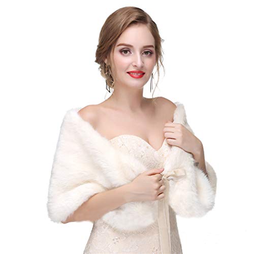 Tgirls Women's Wedding Faux Fur Shawl and Wrap with Ribbon Bridal Fur Stole Fur Scarf for Bride and Bridesmaids
