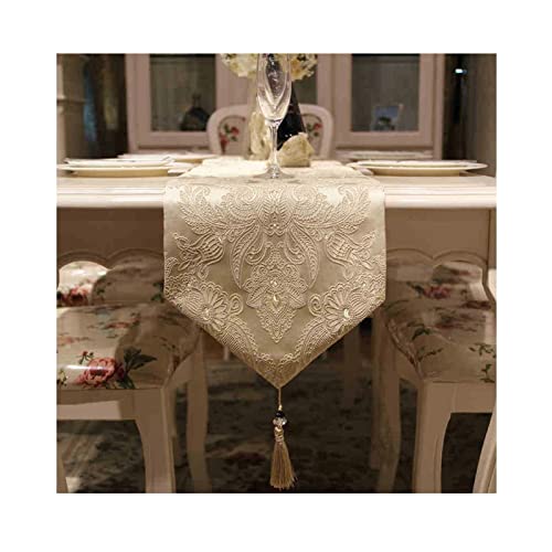 Chemin de table d'extérieur beige en soie brodée, sublimez vos dîners d'été sur la terrasse