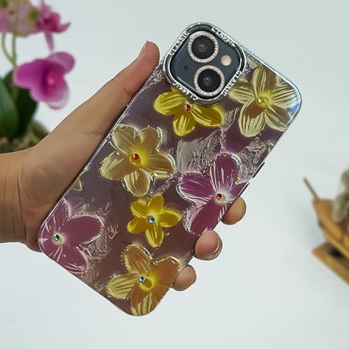 Image of Peeperly Back Cover Case for iPhone 14 Plus Scratch Resistant Anti-Slip TPU Shockproof Protective Durable Retro Gem-Encrusted Flower Art Aesthetic Case(Purple)