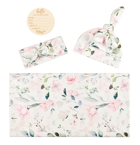 Image of Baby Receiving Blanket Swaddle Blanket Infant Wrap with Matching Headband Beanie and Name Card (Pink and Grey)