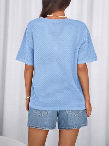 Image of NALANISA Women's Short Sleeve Sweater Spring Summer Crochet Knit Tops 2026 V Neck Striped Button Down Dressy Casual Blouses