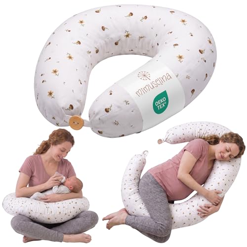 MIMUSELINA Cojin Lactancia y Embarazo 100% Algodón | Extra Grande y Mullido | 200 x 70 cm | Almohada Embarazada, Lactancia y Nido de Bebé | Funda Desenfundable y Lavable | Blanco con Flores