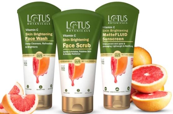Lotus Botanicals Vitamin C Skincare Kit combo ,Face Wash (100ml)Face Scrub (100g)MatteFLUID Sunscreen spf50 (75g) (set of3)