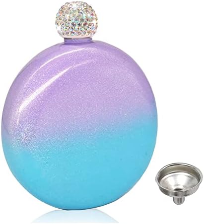 INTOR Liquor Flask for Women Glitter Whiskey Cute Flask 304 Stainless Steel Wine Flask 5oz Funnel Set with Rhinestone Cap (Purple+Blue)