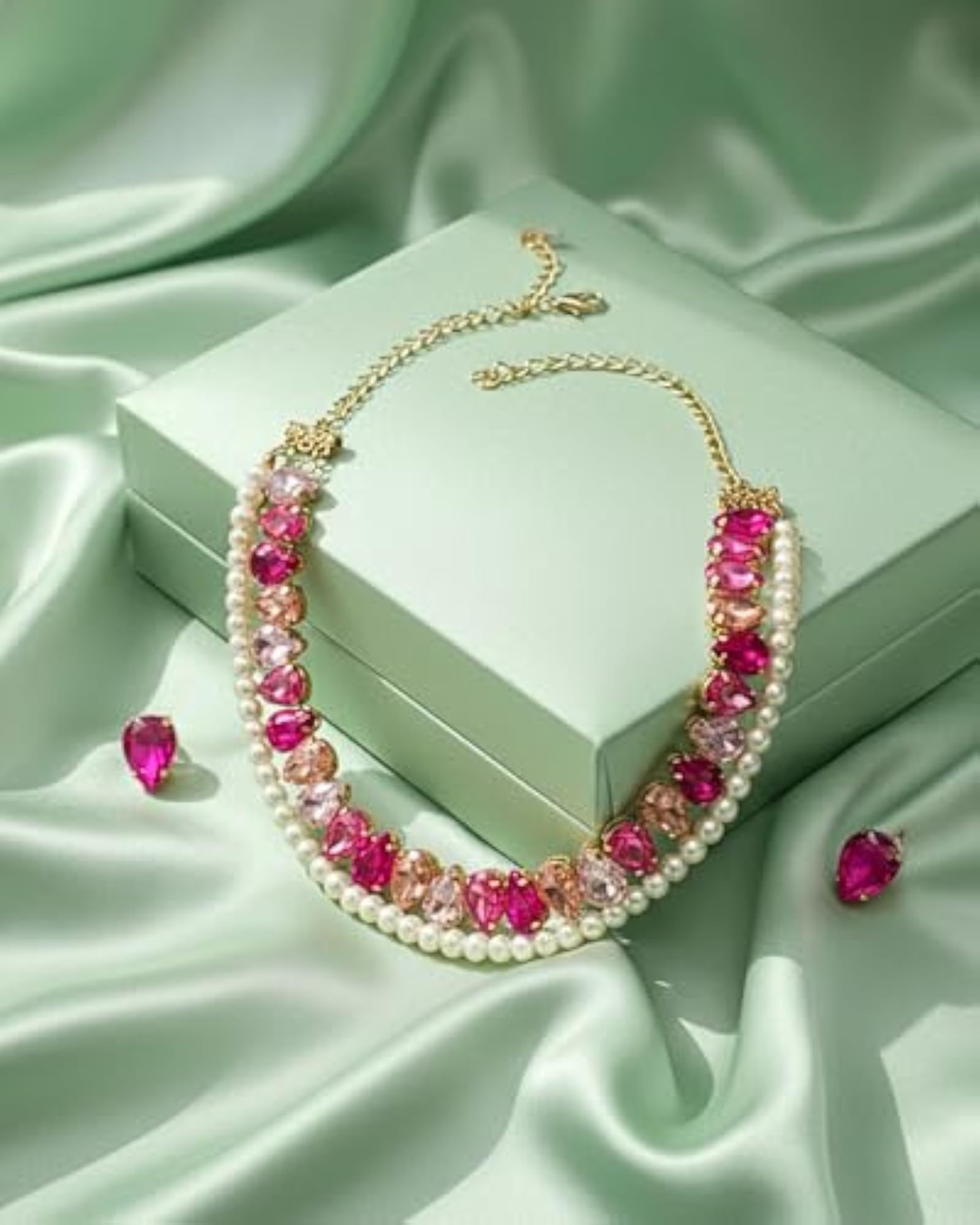 Women's Statement AD CZ American Diamond Pearl Necklace Set