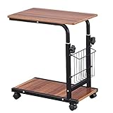 NeatClean サイドテーブル 昇降式 コの字型デザイン 可移動デスク キャスター付きデスク 収納棚 付き ナイトテーブル 汚れの除去が簡単 (ブラウン)