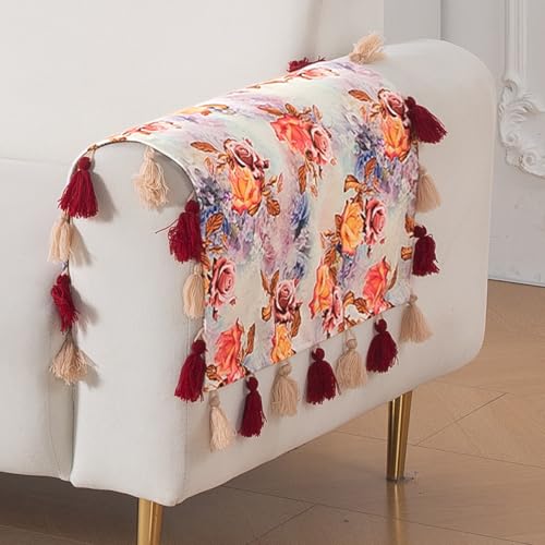 Image of HOKIPO Premium Holland Velvet Sofa Armrest Cover | Printed Design Arm Cover with Tassels | 'Whispers of Nature' (1 Pair) Vintage Rose Bloom (IN-1115-D12*2SC)