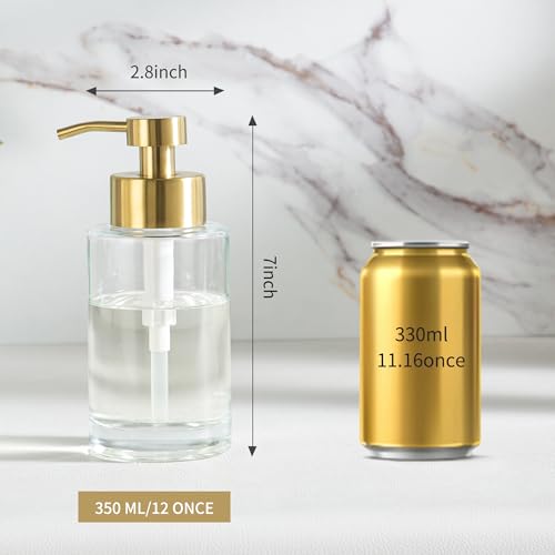 Image of Enra Glass Soap Dispenser, Clear Bottle Gold Pump Liquid Hand Soap | 12oz Clear Thick Glass Bottle With Stainless Steel Pump. Refillable Design Creates A Stylish Accent for Kitchens