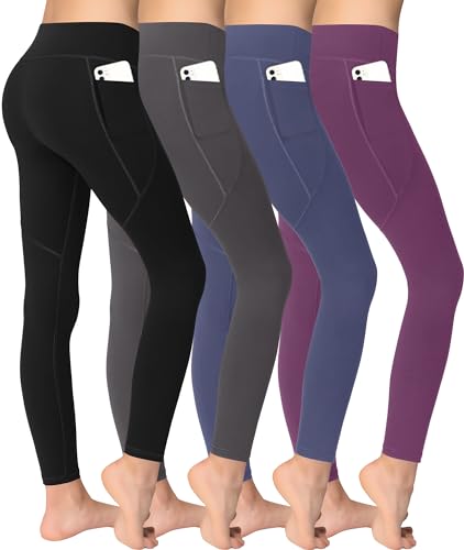 Girl Yoga Legging with Pockets for Workout Causal-Kid Actice Tummy Control Pants 4 Pack