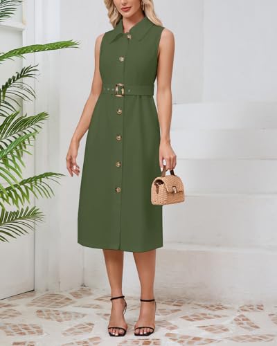 Women's Button Down Shirt Dress Sleeveless Collared A-line Maxi Dress with Belt2