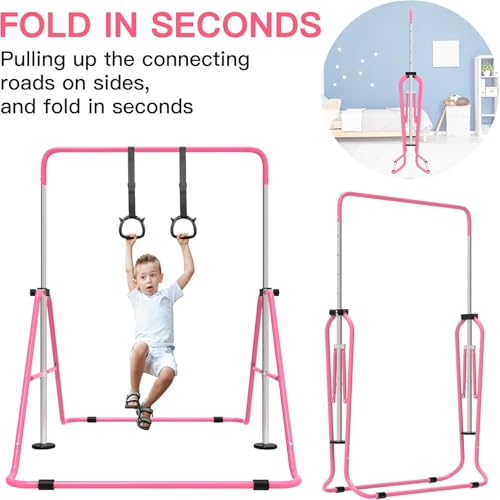 EVERYMILE Gymnastics Bars With Self-Inflating Mat,50mm Thick Inflatable Pad No Air Pump Needed Gymnastics Equipment for Home,Adjustable Height Folding Horizontal Bar with Rings Pink - Image 7