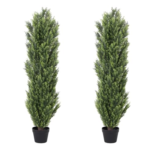 5ft Cedar Pine Topiary Trees Artificial Outdoor Set of 2 Pack, 5 Foot Fake Evergreen Plants UV Resistant, Faux Cypress Bushes and Shrubs for Front Door Porch Patio Planter Decor Cypress 5 fe