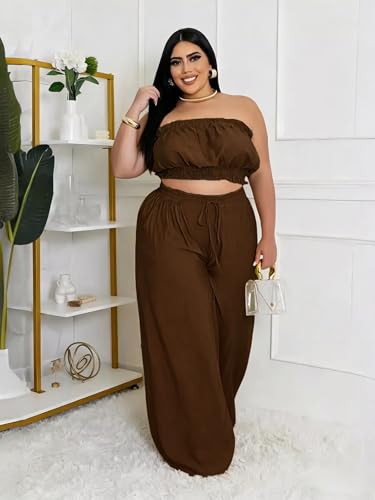 Image of Two Piece Sets for Women Summer Outfits Crop Tops and Wide Leg Pants Sets Sexy Jumpsuits Vacation Outfits with Pockets