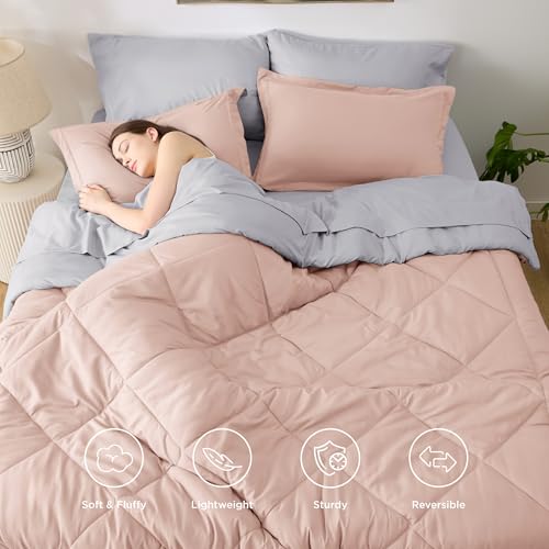 Image of Bedsure Queen Comforter Set - 7 Pieces Reversible Blush Pink Bedding, Queen Size Bed Set for All Seasons, Bed in a Bag with Down Alternative Comforter, Sheets, Pillowcases & Shams