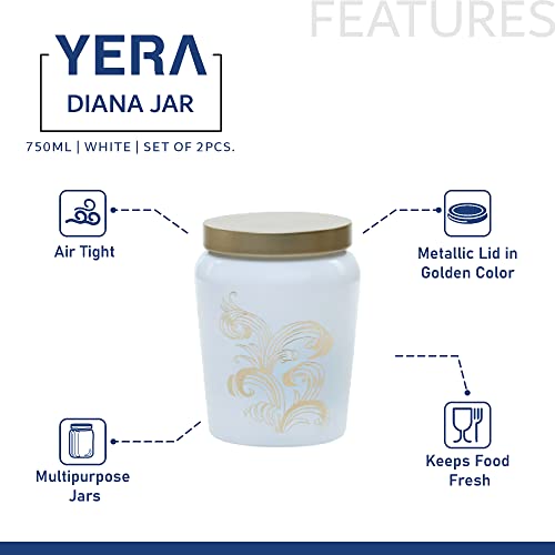 Image of Yera Diana Jars, Metallic lid-golden foil printed-storage jar, 750ml capacity, White Colour,Used for storage of Cookies, snacks,dry fruits,etc (Set of 2)