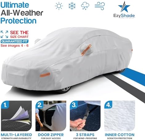 EzyShade 10-Layer Car Cover Waterproof All Weather - See Vehicle Size-Chart - Car Covers for Automobiles & Car Snow Cover - Full Exterior Covers - Winter Rain Sun SUV Sedan. Size A4 (See SizeChart) - 1