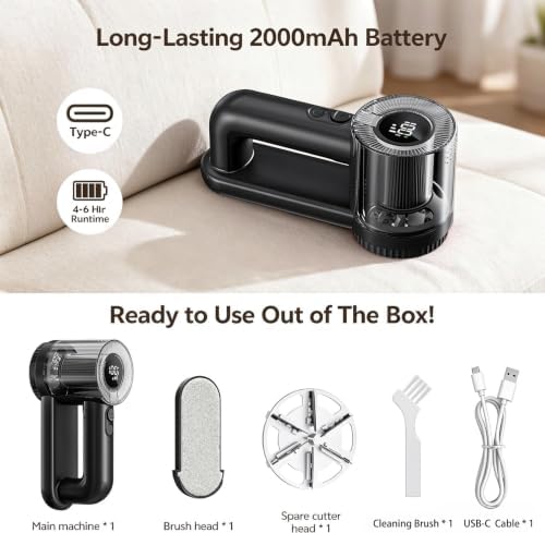 Fabric Shaver， Rechargeable Lint Remover for Clothes and Furniture, Portable Electric Sweater Defuzzer with LED Display & Type-C Fast Charging Port, 3 Speeds Eliminates Fuzz & Pilling（Black） — 사진 4