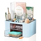 Cayxenful Desk Organiser 2 Drawers, Multifunctional Plastic Stationary Organiser,5 Compartments Storage Holder Stationery Supplies Organizer, Aesthetic Pencil Cup Pot For Office, School, Home(Blue)