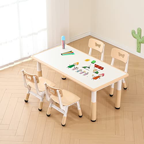 Kids Art Table And Chair Set With 4 Seats Height Adjustable Children Study Table Kid Activity Table Easy To Clean Assemble Max Load 330Lb Plastic Toddler Table And Chair Set For School Home Burlywood #TOP21