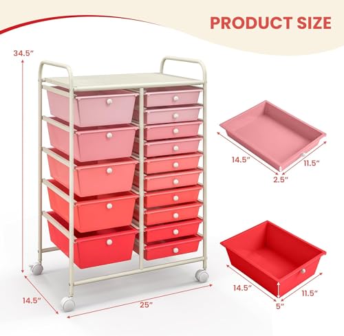 Image of LDAILY 15 Drawer Rolling Storage Cart, Rolling Cart with Drawers for Classroom, Art Supply Craft Organizer on Wheel with Metal Frame & Handles for Home Office School