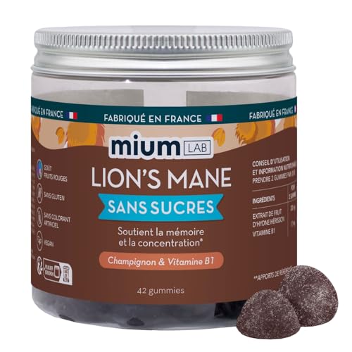 Mium Lab – Lions Mane (Crinière de Lion) – Gummies sans sucre – Extrait 18:1 hautement concentré d’Hericium erinaceus – Complément alimentaire à base de champignon adaptogène – Fabriqué en France