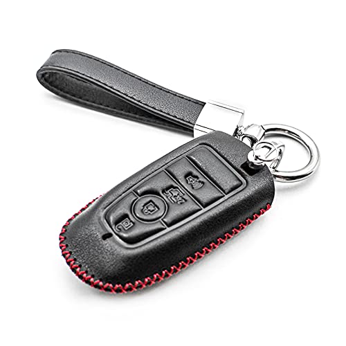 MECHCOS Compatible with 2021 2020 2019 Ford Edge Expedition Explorer Fusion Mustang Smart 4 Buttons Leather Keyless Entry Remote Control Key Fob Cover Case Protector Accessories, Black/Red