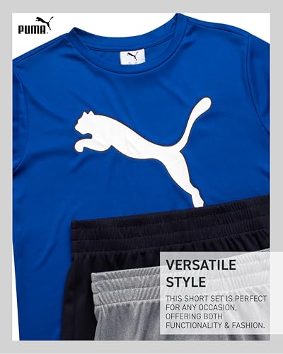 Image of PUMA Boys Active Short Set - 3 Piece Short Sleeve Logo Graphic Tee and Poly Interlock Mesh Shorts for Boys (Sizes: 4-16)