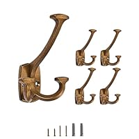 LONHECAN Antique Brass Hooks Large Wall Mounted Decorative Solid Heavy-Duty Double-Sided Coat Hooks for Hanging Towels Coats Robes Towels Bag Bathroom Wall Hooks (5 Pack)