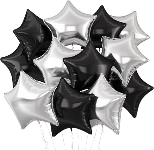 VGRDTW 10 Pack Silver & Black Star Balloons - 18 Inch Metallic Foil Balloons with Ribbon & Straw, Helium Ready for Birthdays, Weddings, Baby Showers, Parties, Christmas Decorations