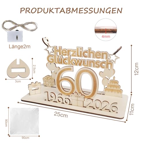 ARTREE 60 Geldgeschenke Geburtstag Frau Mann, 2026 Holz Schild Gästebuch mit LED Lichterkette, Personalisiertes Geschenke zum 60 Geburtstagszahlen, 60 Diamantene Hochzeit Deko, Herzlichen Glückwunsch