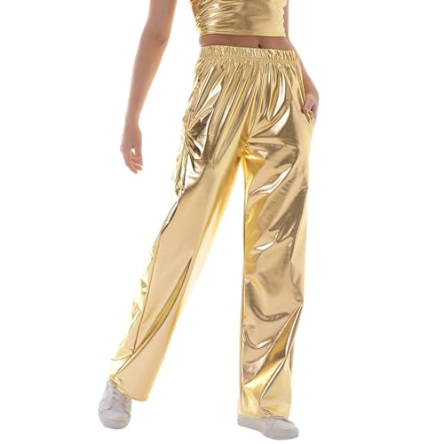 Women Shiny Hip Hop Trousers Metallic Wetlook Wide Leg Pants Retro Disco Hippie Club Straight Leg Pants Streetwear