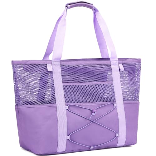 Image of Fammart Mesh Beach Bag for Women, Large Beach Toy Pool Bag with Zipper Pocket, SandProof Cruise Essentials 2026 Family Travel