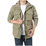 Uillui Mens Safari Jacket Hooded Outdoor Military Cargo Jacket Casual Lightweight Windproof Multi Pocket Fishing Hiking Coat