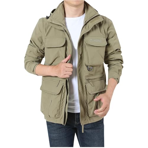 Uillui Mens Safari Jacket Hooded Outdoor Military Cargo Jacket Casual Lightweight Windproof Multi Pocket Fishing Hiking Coat