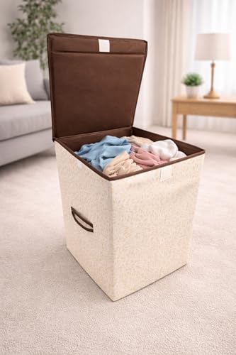 Image of QUAIL 75L Leaf Printed Foldable Laundry Basket with Lid, Beige & Brown Fabric Laundry Hamper with Handles, Dirty Clothes Organizer, Collapsible Storage Bin for Bedroom, Bathroom & Laundry Room