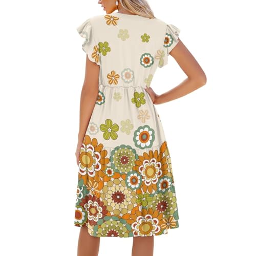 Image of Womens Summer Dress Ruffle Sleeve V Neck Dress Casual Fit Flowy Beach Vacation Sundress with Pocket S-2XL