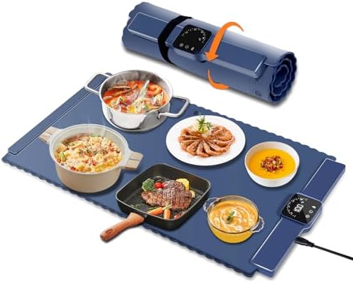 Electric Warming Tray for Food Warmer: Silicone Heating Mat with 5 Temperature Settings Auto Shut-Off, Portable Foldable Roll Up Heating Pad for Parties Gatherings, Home Everyday Use