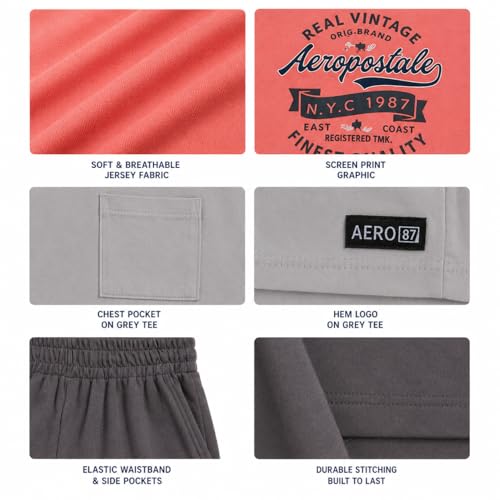 Image of AEROPOSTALE Boys Athletic Shorts Set 3 Piece Graphic T Shirts Fleece Shorts | Soft Breathable Jersey Tees, Elastic Waistband, Side Pockets, Screen-print Design, Durable Stitching for School & Play