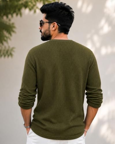 Image of AUSK Men's Waffle Knit Henley T-Shirt | Cotton Blend Full Sleeve Textured Casual T Shirt | Regular Fit Button Placket Round Neck Tshirt for Men