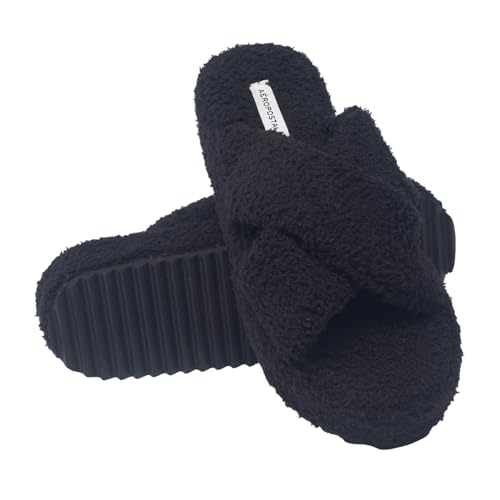 AEROPOSTALE Fuzzy Open Toe Slippers Shoes for Women – Soft Faux Sherpa Fur House Slippers with Memory Foam X Band, Indoor & Outdoor Non-Slip Sole, Fluffy Criss-Cross Design for Bedroom, Spa, and Lounge2