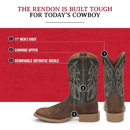 Justin Rendon 11" Western Boot - Men's Round Toe, Cowhide, Removable Orthotic Insole, Slip-Resistant Rubber Outsole3