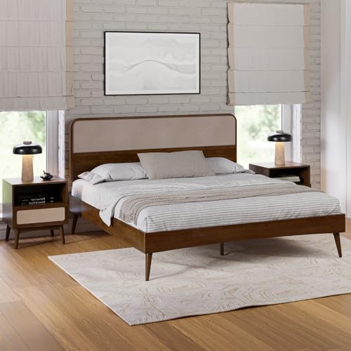 Image of Bme Solid Wood Calista King Bed Frame - Chestnut Finish Platform Bed with Upholstered Headboard, Mid-Century Modern Style with Sturdy Slats & Tapered Legs, No Box Spring Needed