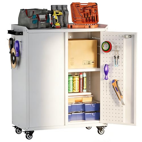 Image of Aobabo Metal Garage Storage Cabinet on Wheels,2 Doors Storage Cabinet with Wheels for Garage,Assembly Required,White