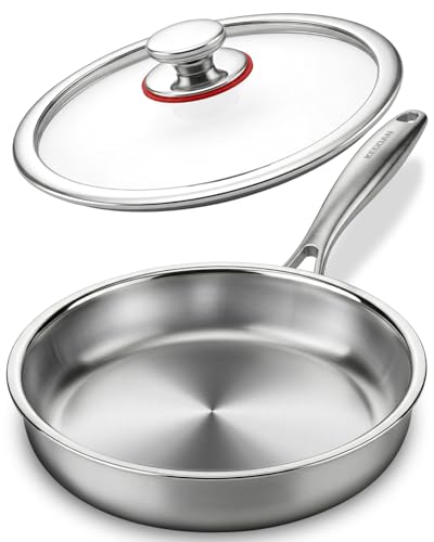 KEGDAN 12 inch Stainless Steel Frying Pan, 5pcs Tri-Ply Stainless Steel Pan with Lid, PFOA Free Skillet, Oven & Dishwasher Safe, Induction Cooking Pans, Fast & Even Heat and Detachable Handle