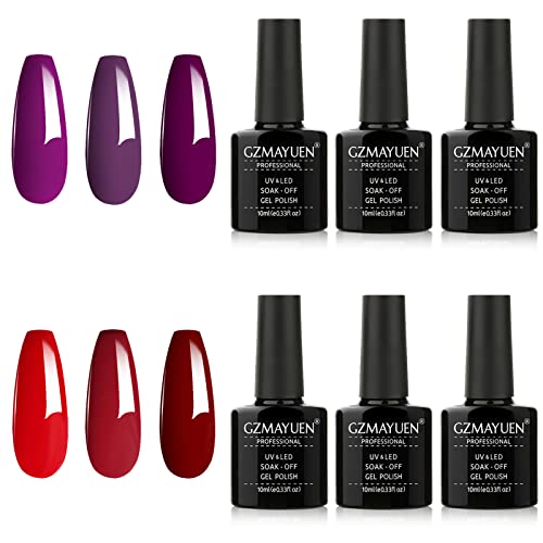 GZMAYUEN UV Shellack Nagellack Rot Violett Shellac Nägel Set 10ml Dunkelrot Dunkelviolett Gel Lack Set Rot Farbgel für… – Bild 4