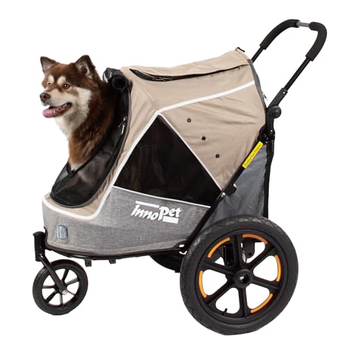 Hundebuggy und Fahrradanhänger für Hunde - Innopet Sporty Evolution Latte 2-in-1 - Beige/Grau - Reflektoren & Sicherheitsleinen - Hundewagen für alle Untergründe